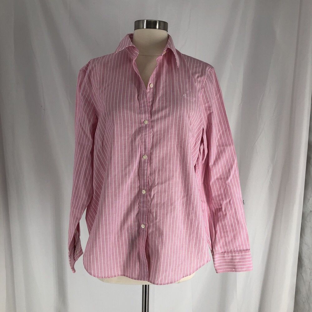 Lauren Ralph Lauren Womens Non-Iron Pink White Striped Button-Up Shirt XL